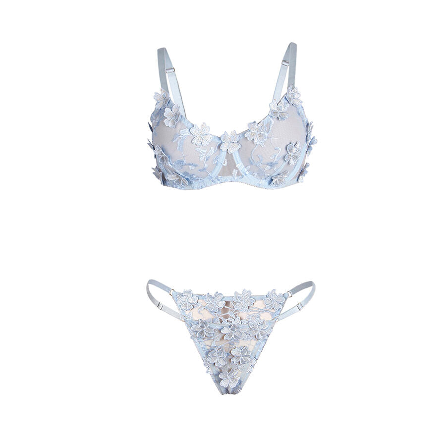 CONJUNTO DE LINGERIE COM RENDA FLORAL AZUL - SUBBLIME S/M